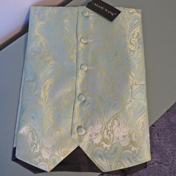 NWT Barry Wang 4 Piece Paisley Woven Silk Vest, Tie, Handkerchief & Cufflink Set - Picture 6 of 10